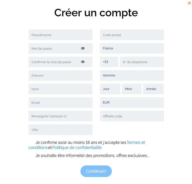Processus d'inscription INSTASINO CASINO